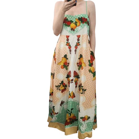 Caroline Constas Fruit Print Linen Blend Maxi Dress M Cottagecore Farmhouse Chic - Picture 1 of 9